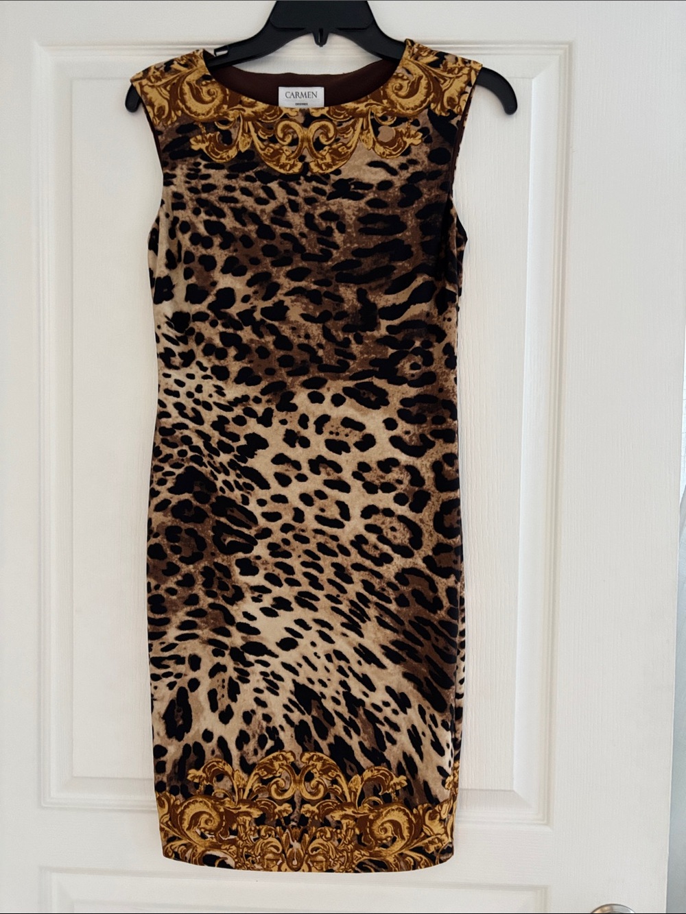 Carmen Marc Valvo Leopard-Print Mini Dress with Gold Baroque Trim